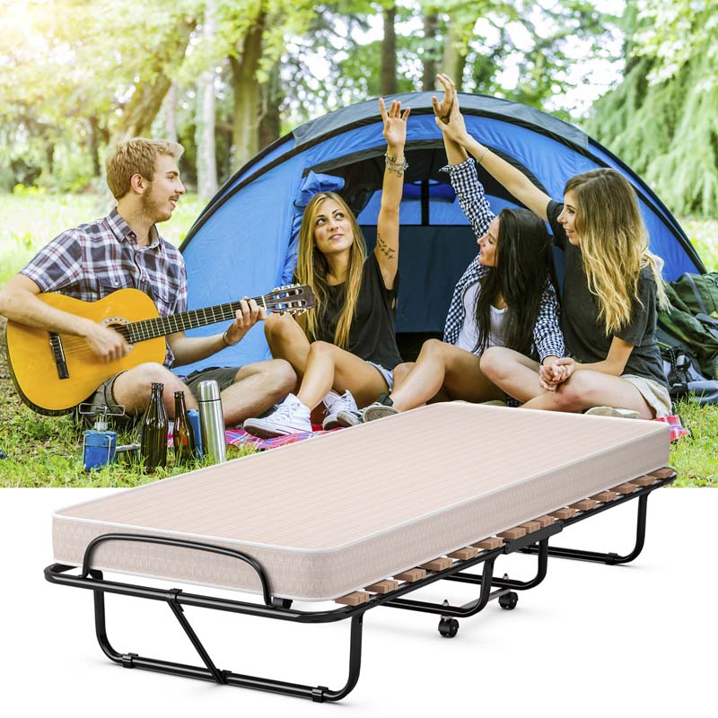 75" x 31.5" Rollaway Bed with Mattress, Folding Guest Bed Portable Sleeper Bed Cot Size for Adults, Made in Italy