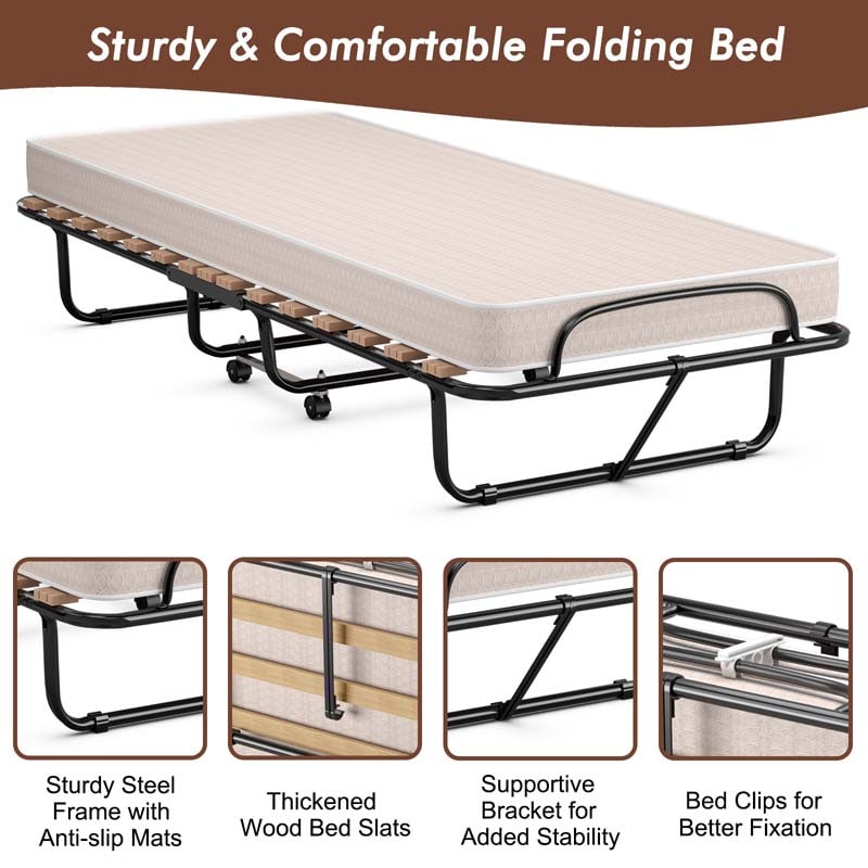75" x 31.5" Rollaway Bed with Mattress, Folding Guest Bed Portable Sleeper Bed Cot Size for Adults, Made in Italy