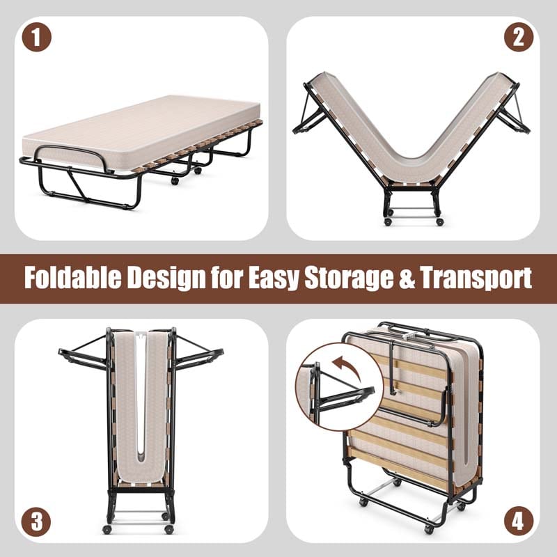 75" x 31.5" Rollaway Bed with Mattress, Folding Guest Bed Portable Sleeper Bed Cot Size for Adults, Made in Italy