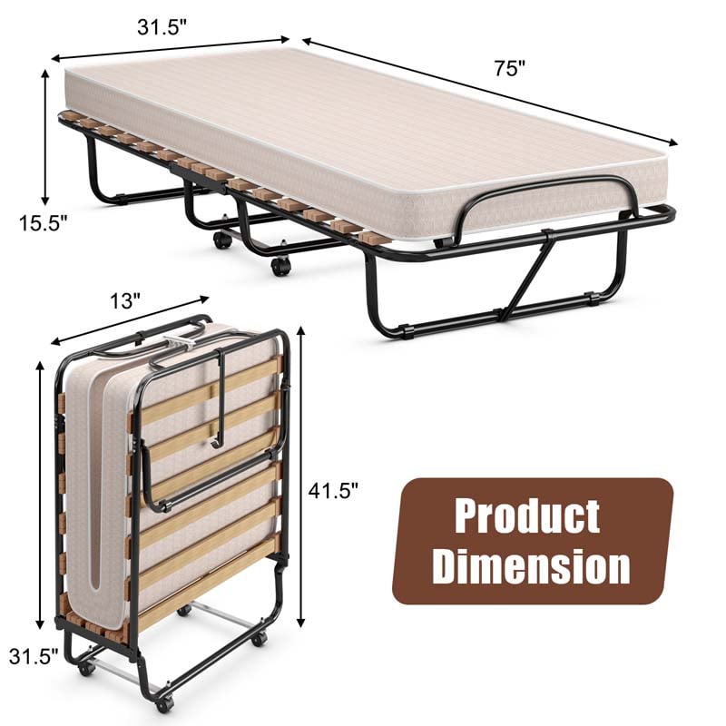 75" x 31.5" Rollaway Bed with Mattress, Folding Guest Bed Portable Sleeper Bed Cot Size for Adults, Made in Italy