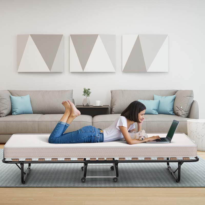 75" x 31.5" Rollaway Bed with Mattress, Folding Guest Bed Portable Sleeper Bed Cot Size for Adults, Made in Italy