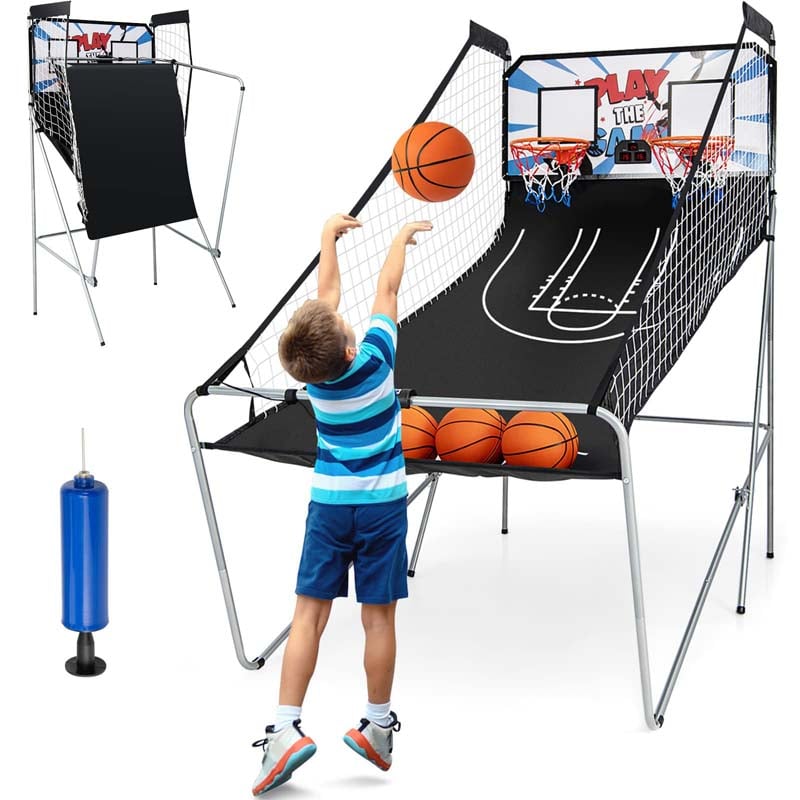 Foldable Basketball Arcade Game, Dual Shot Electronic Basketball Hoop Game with 8 Game Modes & 4 Balls for Kids Adults