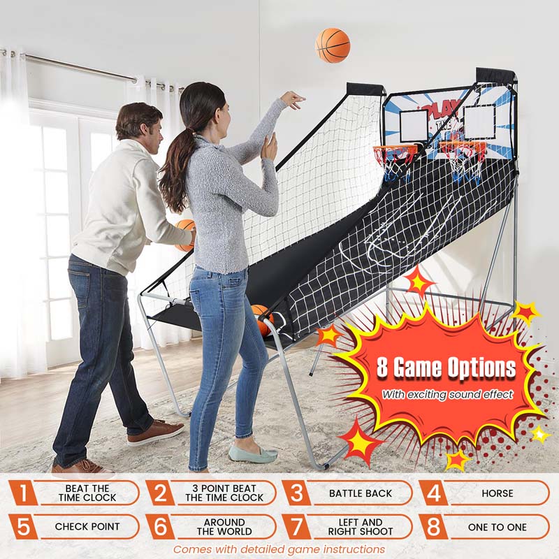 Foldable Basketball Arcade Game, Dual Shot Electronic Basketball Hoop Game with 8 Game Modes & 4 Balls for Kids Adults