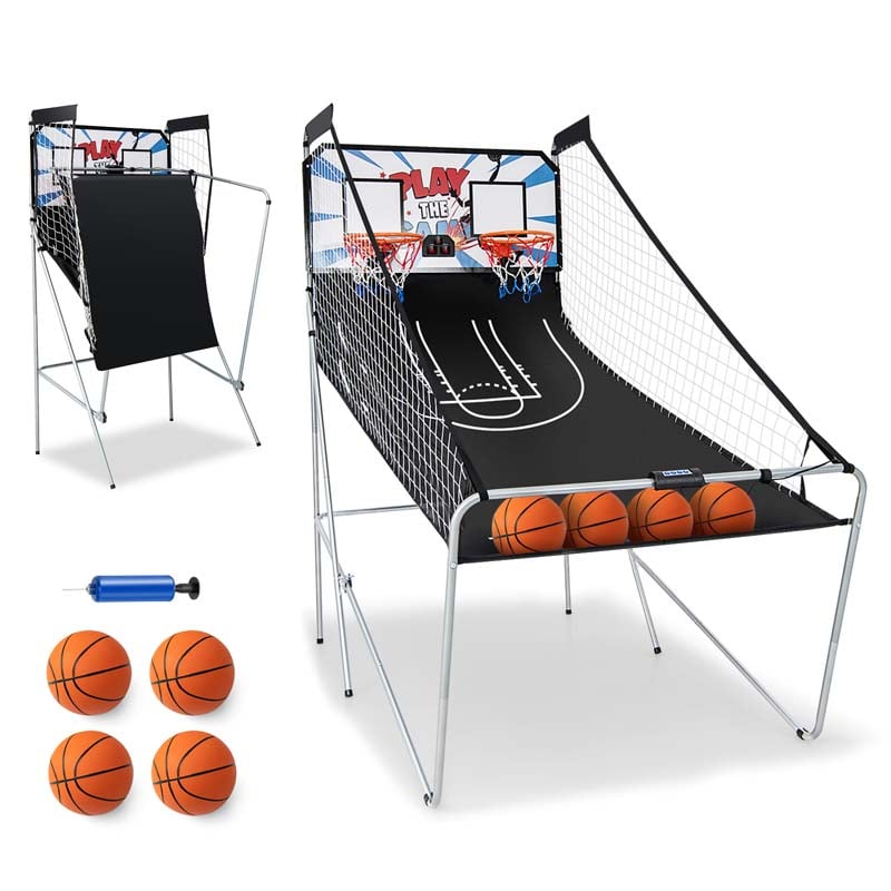 Foldable Basketball Arcade Game, Dual Shot Electronic Basketball Hoop Game with 8 Game Modes & 4 Balls for Kids Adults