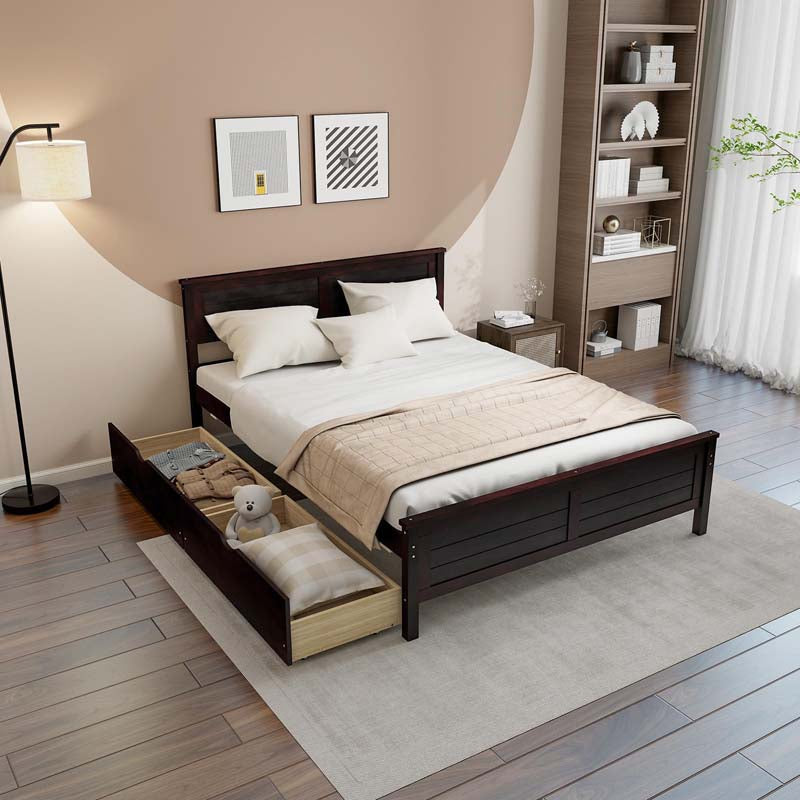 Twin/Full Size Solid Wood Platform Bed Frame with 2 Storage Drawers & Headboard, Wooden Slats Support Mattress Foundation