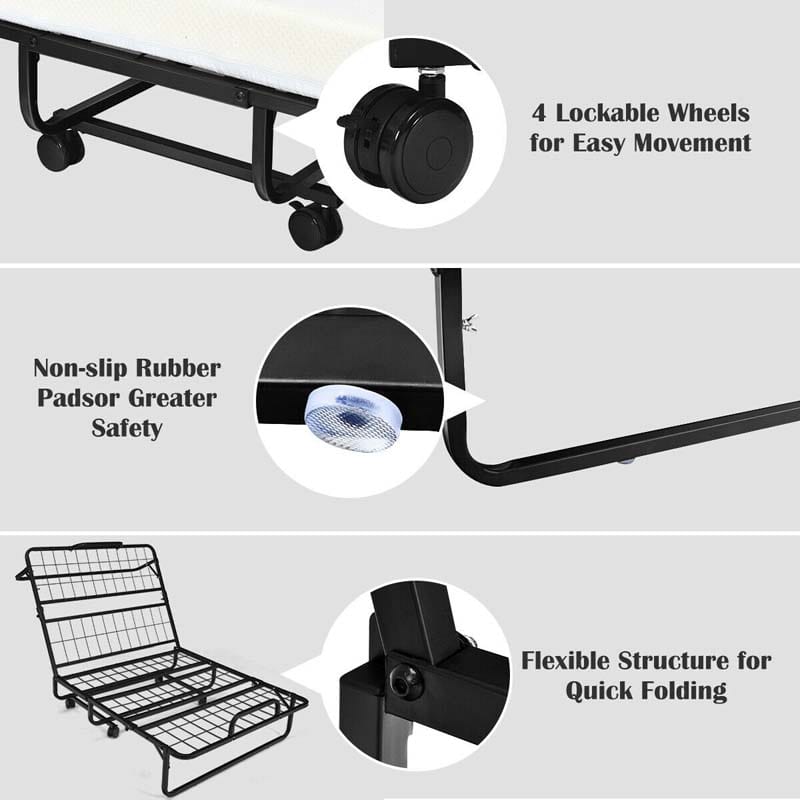 Portable Folding Bed with Mattress for Adults, Twin Rollaway Bed with 4" Memory Foam Mattress & Wheels, 75" x 38" Foldable Guest Bed