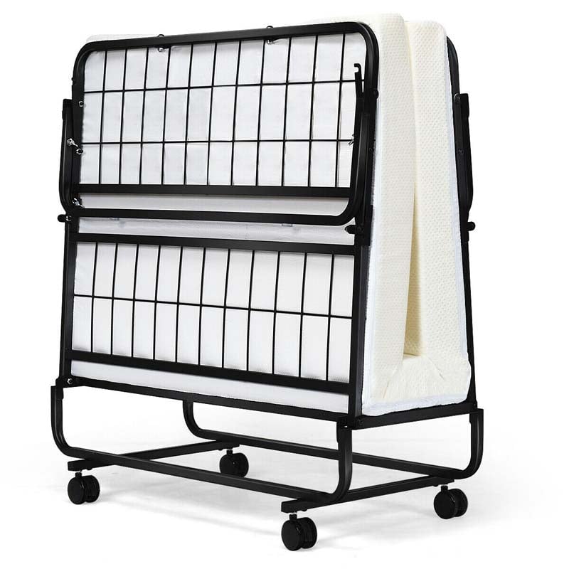 Portable Folding Bed with Mattress for Adults, Twin Rollaway Bed with 4" Memory Foam Mattress & Wheels, 75" x 38" Foldable Guest Bed