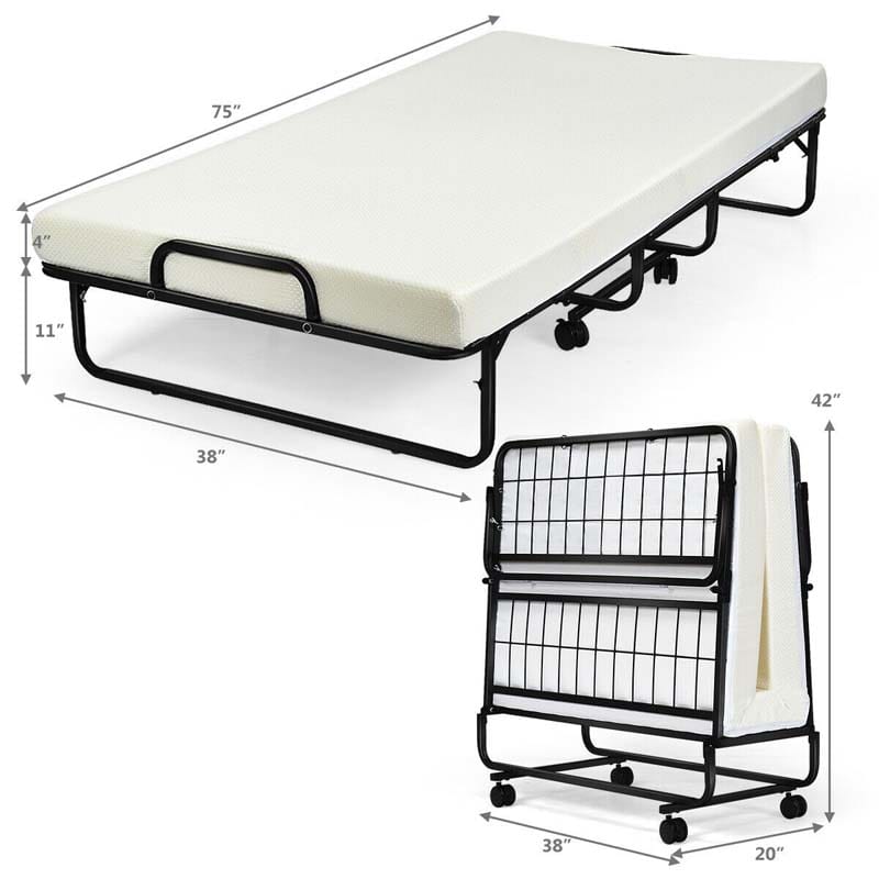 Portable Folding Bed with Mattress for Adults, Twin Rollaway Bed with 4" Memory Foam Mattress & Wheels, 75" x 38" Foldable Guest Bed