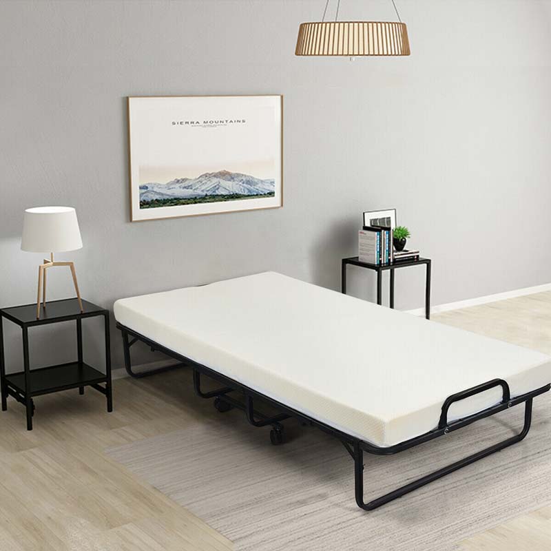 Portable Folding Bed with Mattress for Adults, Twin Rollaway Bed with 4" Memory Foam Mattress & Wheels, 75" x 38" Foldable Guest Bed
