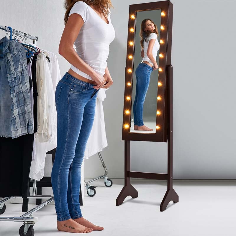 18 LEDs Large Standing Jewelry Armoire Cabinet Makeup Mirror with Full-Length Mirror 16 Lipstick Holder