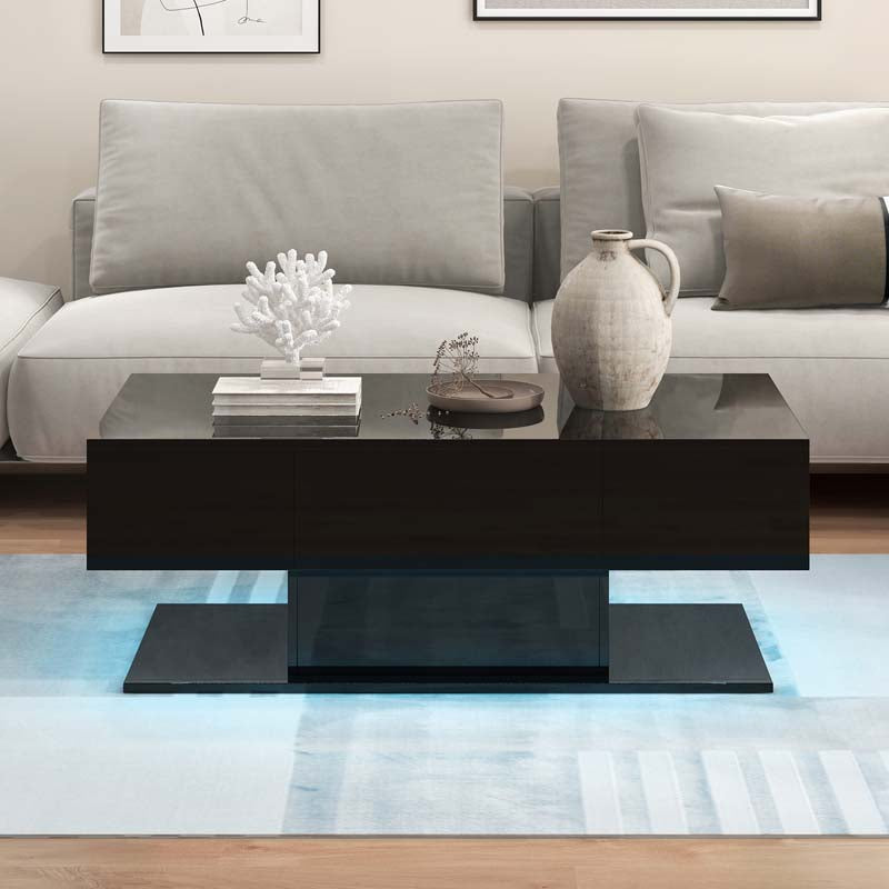 2-Tier Modern LED Coffee Table, High Glossy Rectangle Center Table with 20-Color Lights, 2 Storage Drawers & Remote Control for Living Room