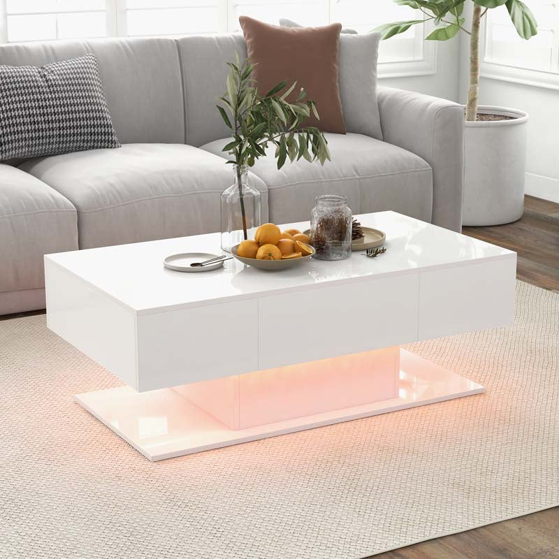 2-Tier Modern LED Coffee Table, High Glossy Rectangle Center Table with 20-Color Lights, 2 Storage Drawers & Remote Control for Living Room