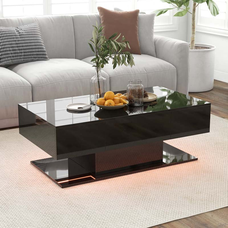 2-Tier Modern LED Coffee Table, High Glossy Rectangle Center Table with 20-Color Lights, 2 Storage Drawers & Remote Control for Living Room