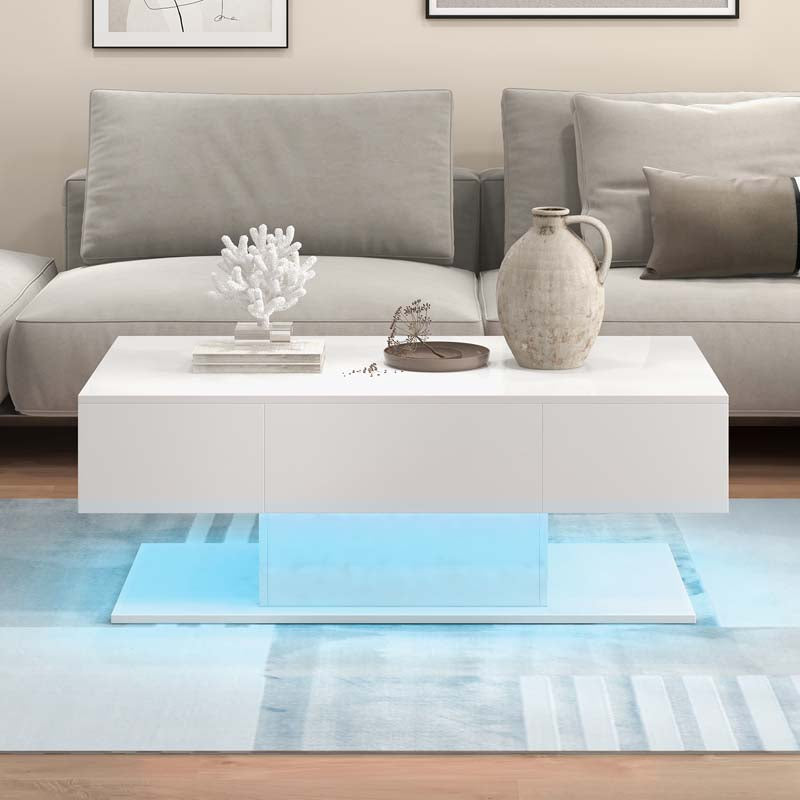 2-Tier Modern LED Coffee Table, High Glossy Rectangle Center Table with 20-Color Lights, 2 Storage Drawers & Remote Control for Living Room