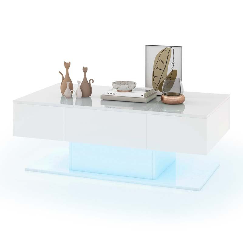 2-Tier Modern LED Coffee Table, High Glossy Rectangle Center Table with 20-Color Lights, 2 Storage Drawers & Remote Control for Living Room