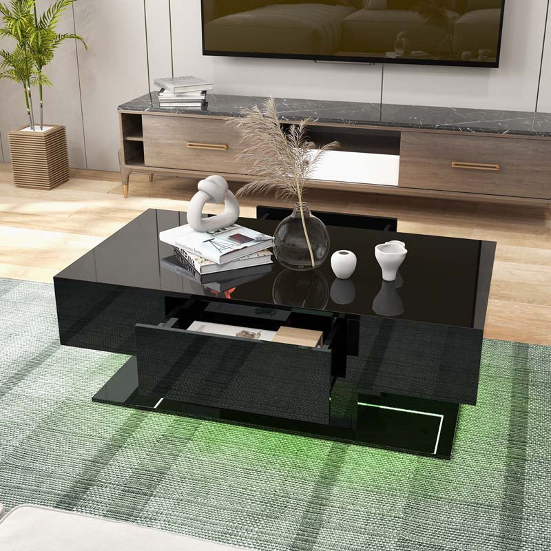 2-Tier Modern LED Coffee Table, High Glossy Rectangle Center Table with 20-Color Lights, 2 Storage Drawers & Remote Control for Living Room