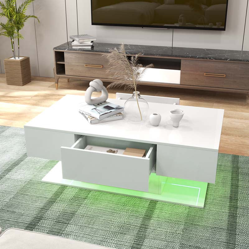2-Tier Modern LED Coffee Table, High Glossy Rectangle Center Table with 20-Color Lights, 2 Storage Drawers & Remote Control for Living Room