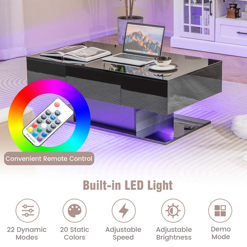 2-Tier Modern LED Coffee Table, High Glossy Rectangle Center Table with 20-Color Lights, 2 Storage Drawers & Remote Control for Living Room