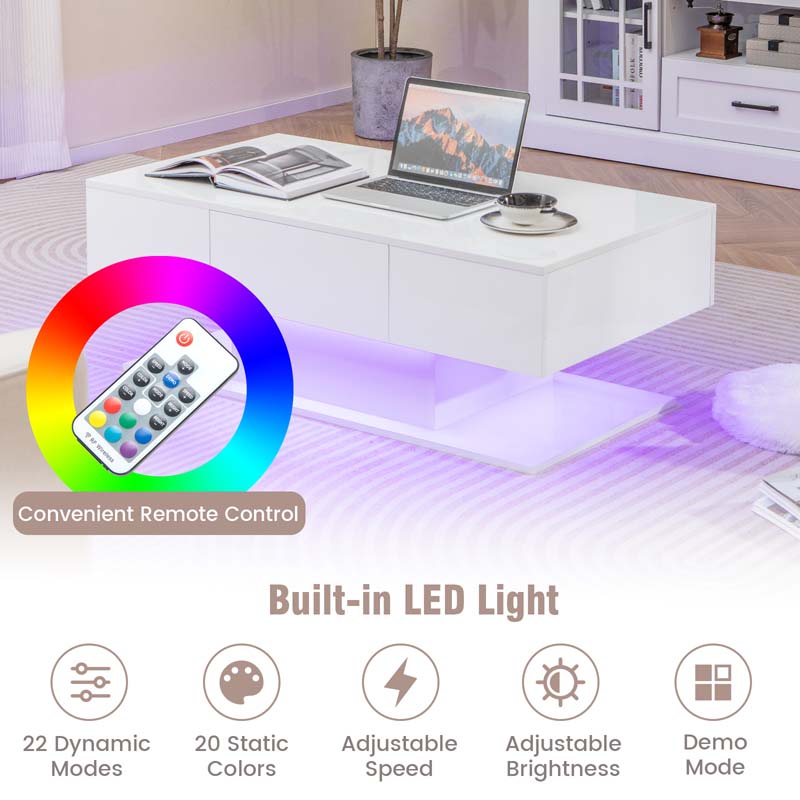 2-Tier Modern LED Coffee Table, High Glossy Rectangle Center Table with 20-Color Lights, 2 Storage Drawers & Remote Control for Living Room