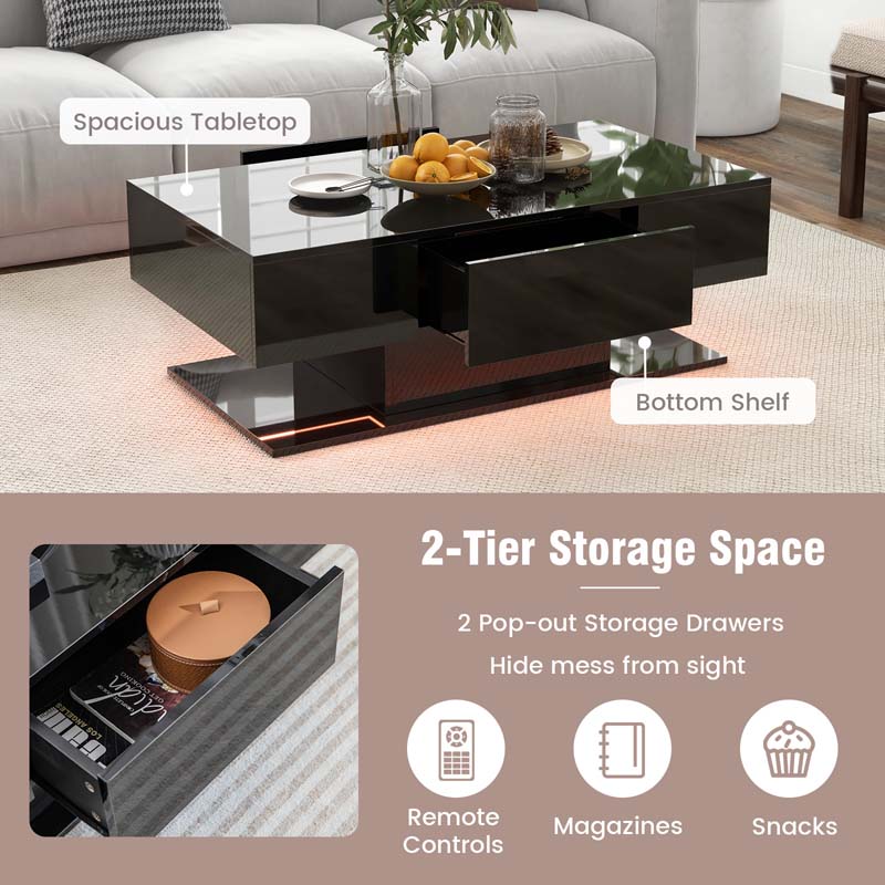 2-Tier Modern LED Coffee Table, High Glossy Rectangle Center Table with 20-Color Lights, 2 Storage Drawers & Remote Control for Living Room