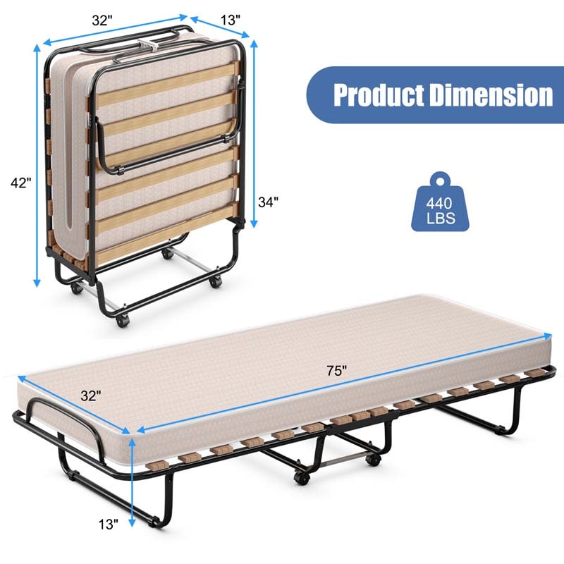 75" x 32" Rollaway Bed with 4" Memory Foam Mattress, Cot Size Folding Guest Bed Portable Foldable Sleeper Bed for Home, Made in Italy