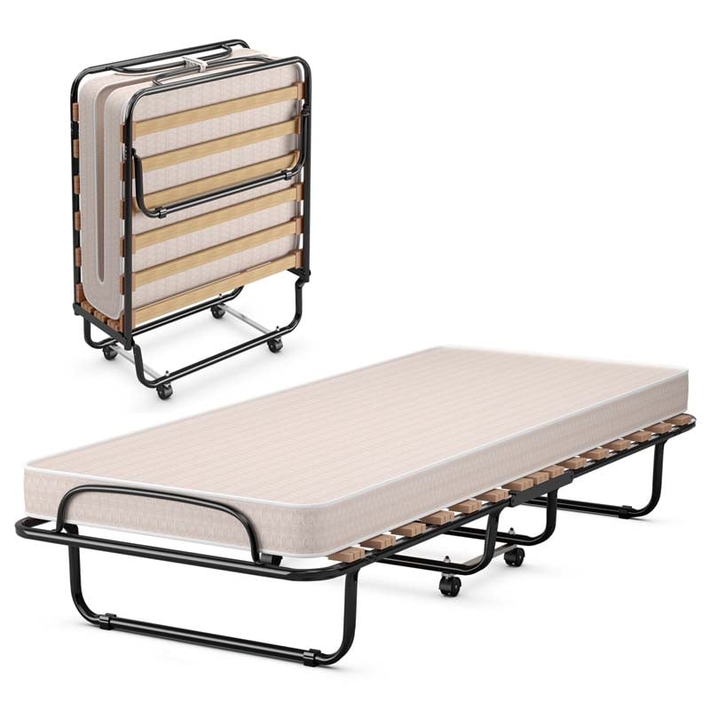 75" x 32" Rollaway Bed with 4" Memory Foam Mattress, Cot Size Folding Guest Bed Portable Foldable Sleeper Bed for Home, Made in Italy