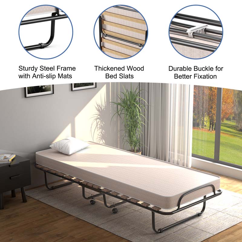 75" x 32" Rollaway Bed with 4" Memory Foam Mattress, Cot Size Folding Guest Bed Portable Foldable Sleeper Bed for Home, Made in Italy