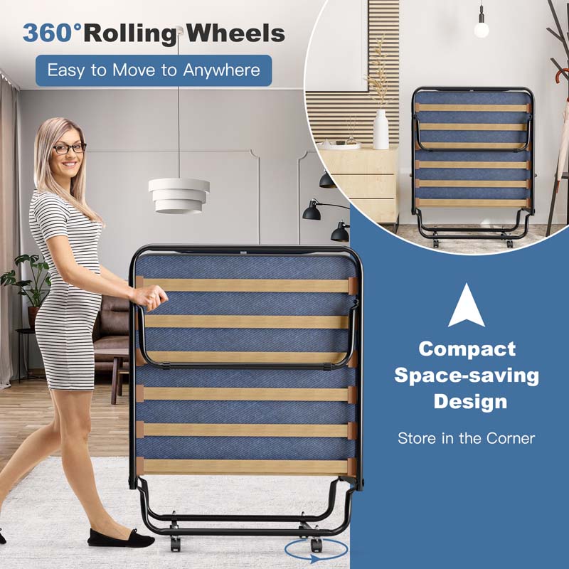 75" x 32" Rollaway Bed with 4" Memory Foam Mattress, Cot Size Folding Guest Bed Portable Foldable Sleeper Bed for Home, Made in Italy