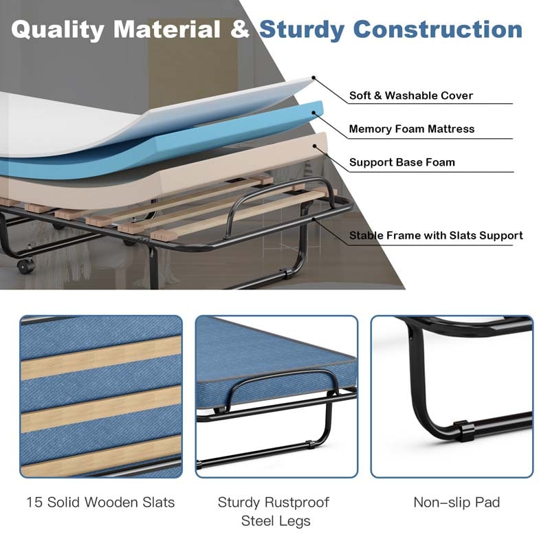 75" x 32" Rollaway Bed with 4" Memory Foam Mattress, Cot Size Folding Guest Bed Portable Foldable Sleeper Bed for Home, Made in Italy