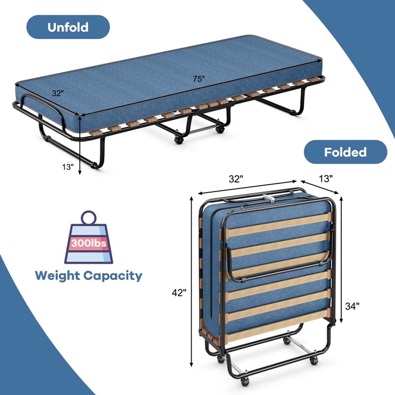 75" x 32" Rollaway Bed with 4" Memory Foam Mattress, Cot Size Folding Guest Bed Portable Foldable Sleeper Bed for Home, Made in Italy