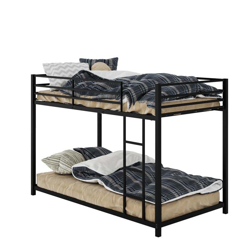 Metal Bunk Bed Twin Over Twin, Low Profile Bunk Bed Frame Platform with Ladder & Full Length Guardrail for Kids Teens, No Box Spring Needed