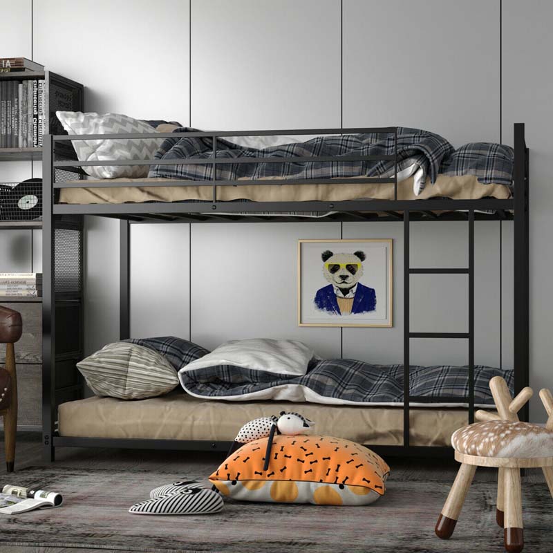 Metal Bunk Bed Twin Over Twin, Low Profile Bunk Bed Frame Platform with Ladder & Full Length Guardrail for Kids Teens, No Box Spring Needed
