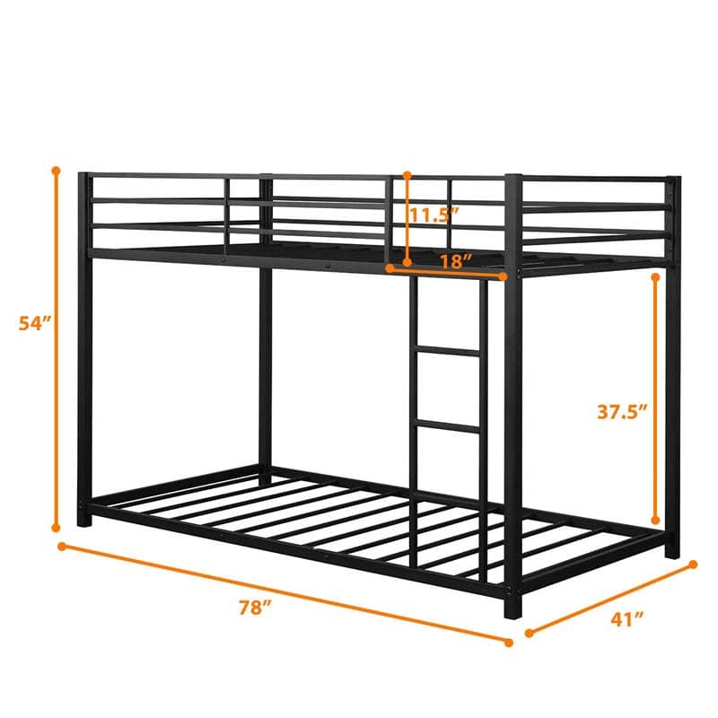 Metal Bunk Bed Twin Over Twin, Low Profile Bunk Bed Frame Platform with Ladder & Full Length Guardrail for Kids Teens, No Box Spring Needed