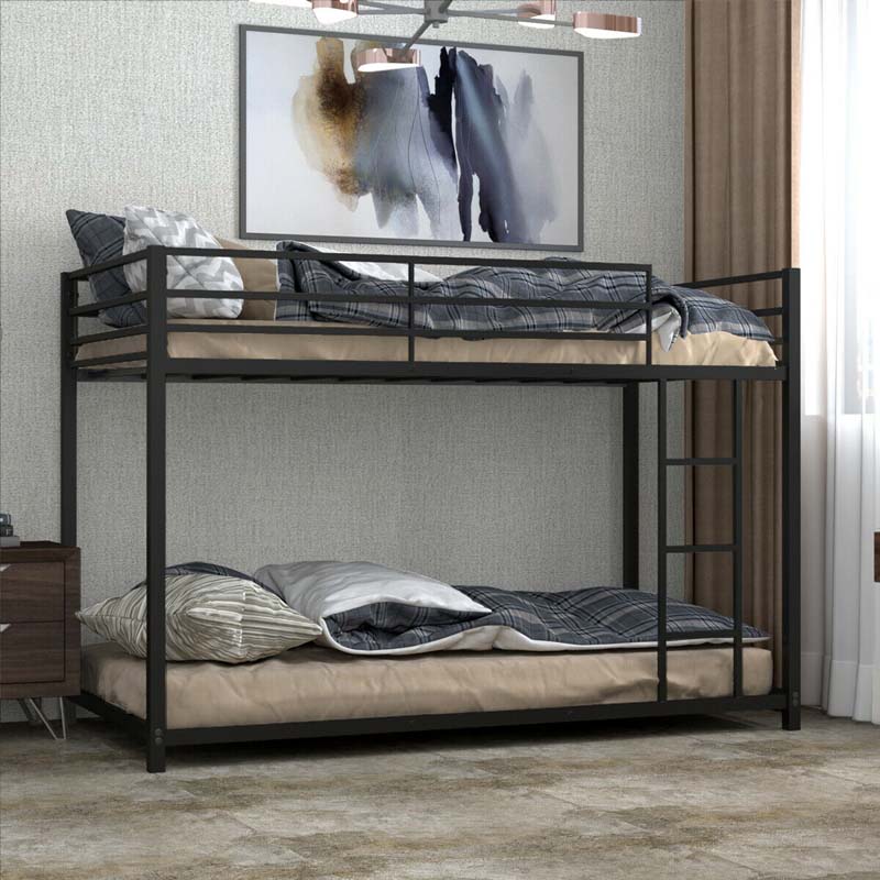 Metal Bunk Bed Twin Over Twin, Low Profile Bunk Bed Frame Platform with Ladder & Full Length Guardrail for Kids Teens, No Box Spring Needed