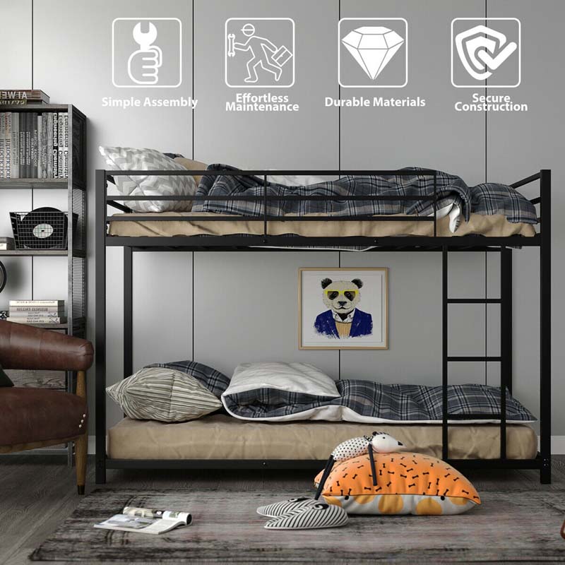 Metal Bunk Bed Twin Over Twin, Low Profile Bunk Bed Frame Platform with Ladder & Full Length Guardrail for Kids Teens, No Box Spring Needed