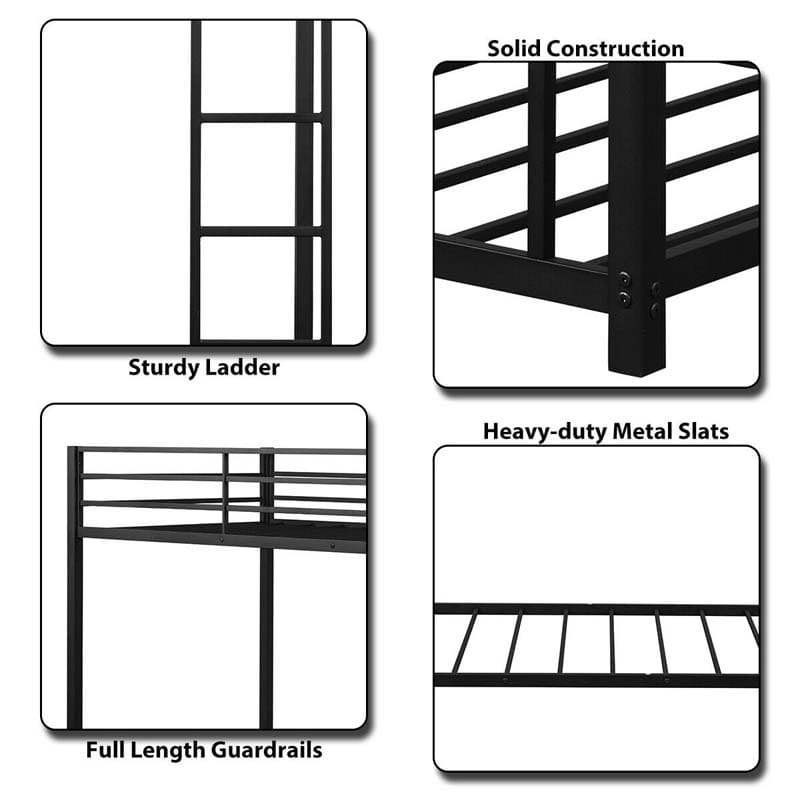 Metal Bunk Bed Twin Over Twin, Low Profile Bunk Bed Frame Platform with Ladder & Full Length Guardrail for Kids Teens, No Box Spring Needed