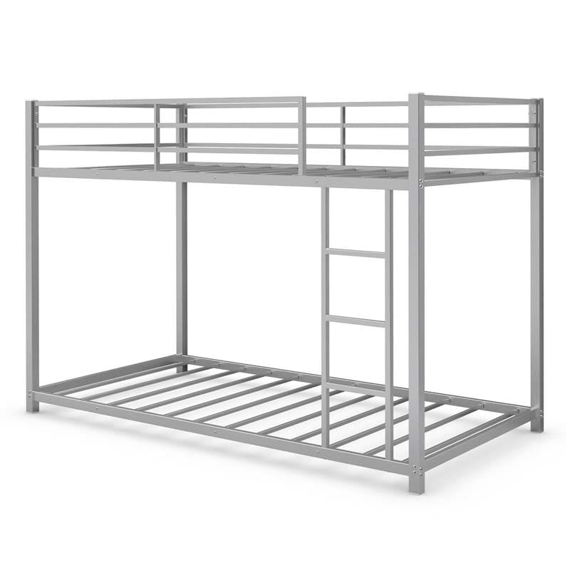 Metal Bunk Bed Twin Over Twin, Low Profile Bunk Bed Frame Platform with Ladder & Full Length Guardrail for Kids Teens, No Box Spring Needed