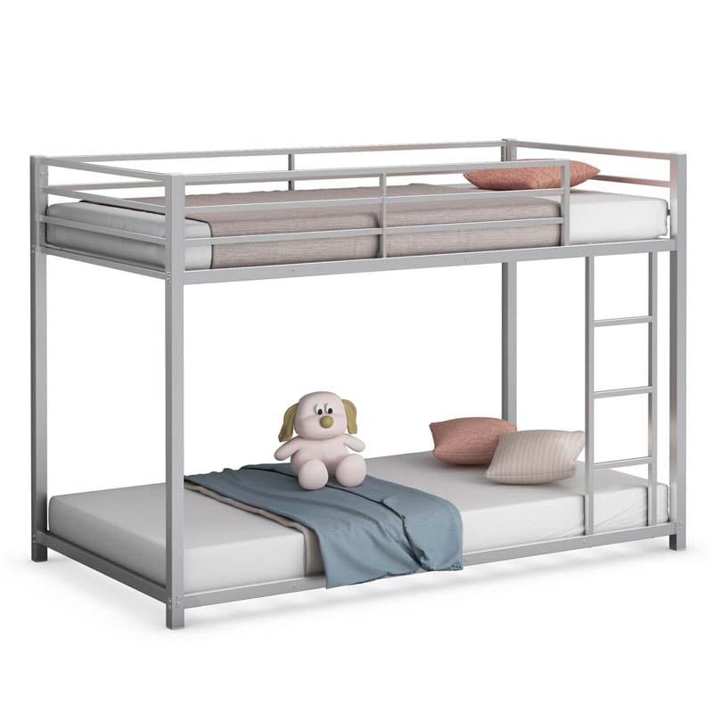 Metal Bunk Bed Twin Over Twin, Low Profile Bunk Bed Frame Platform with Ladder & Full Length Guardrail for Kids Teens, No Box Spring Needed