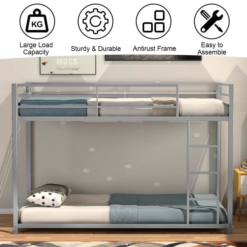 Metal Bunk Bed Twin Over Twin, Low Profile Bunk Bed Frame Platform with Ladder & Full Length Guardrail for Kids Teens, No Box Spring Needed