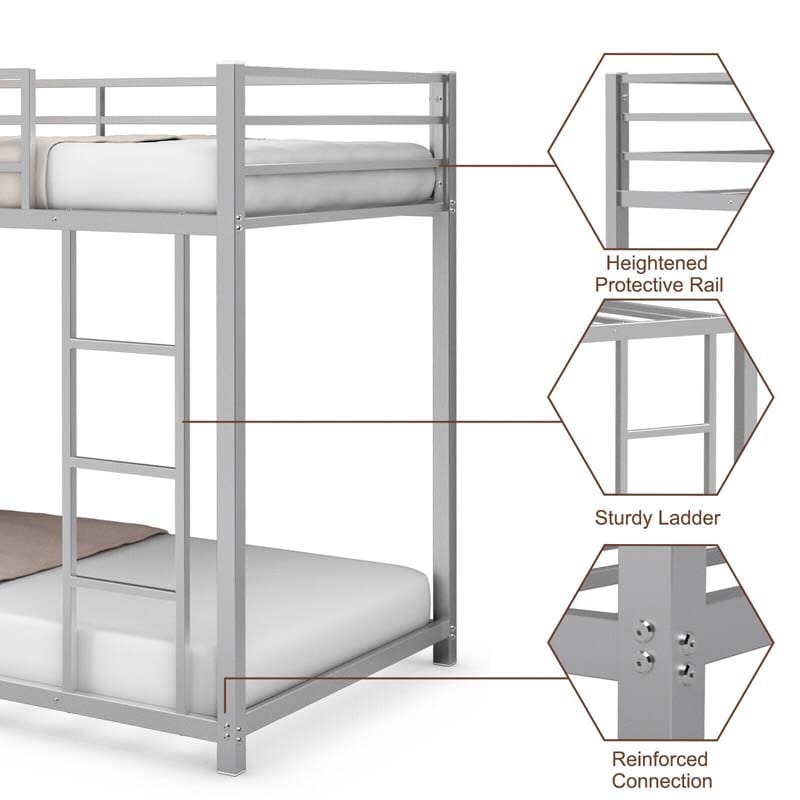 Metal Bunk Bed Twin Over Twin, Low Profile Bunk Bed Frame Platform with Ladder & Full Length Guardrail for Kids Teens, No Box Spring Needed