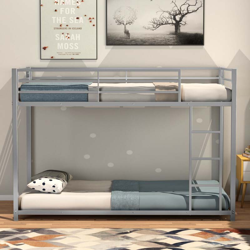 Metal Bunk Bed Twin Over Twin, Low Profile Bunk Bed Frame Platform with Ladder & Full Length Guardrail for Kids Teens, No Box Spring Needed
