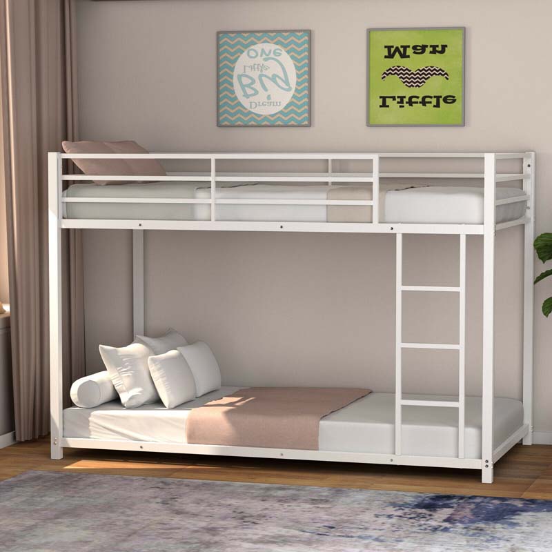 Metal Bunk Bed Twin Over Twin, Low Profile Bunk Bed Frame Platform with Ladder & Full Length Guardrail for Kids Teens, No Box Spring Needed
