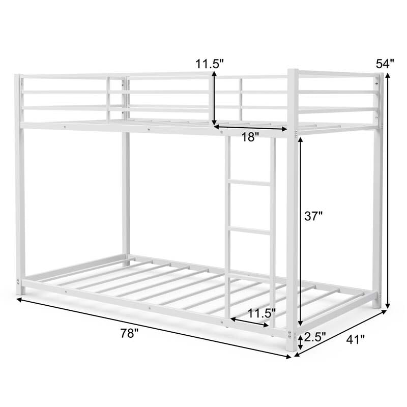 Metal Bunk Bed Twin Over Twin, Low Profile Bunk Bed Frame Platform with Ladder & Full Length Guardrail for Kids Teens, No Box Spring Needed