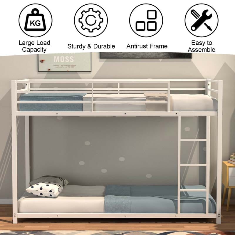 Metal Bunk Bed Twin Over Twin, Low Profile Bunk Bed Frame Platform with Ladder & Full Length Guardrail for Kids Teens, No Box Spring Needed