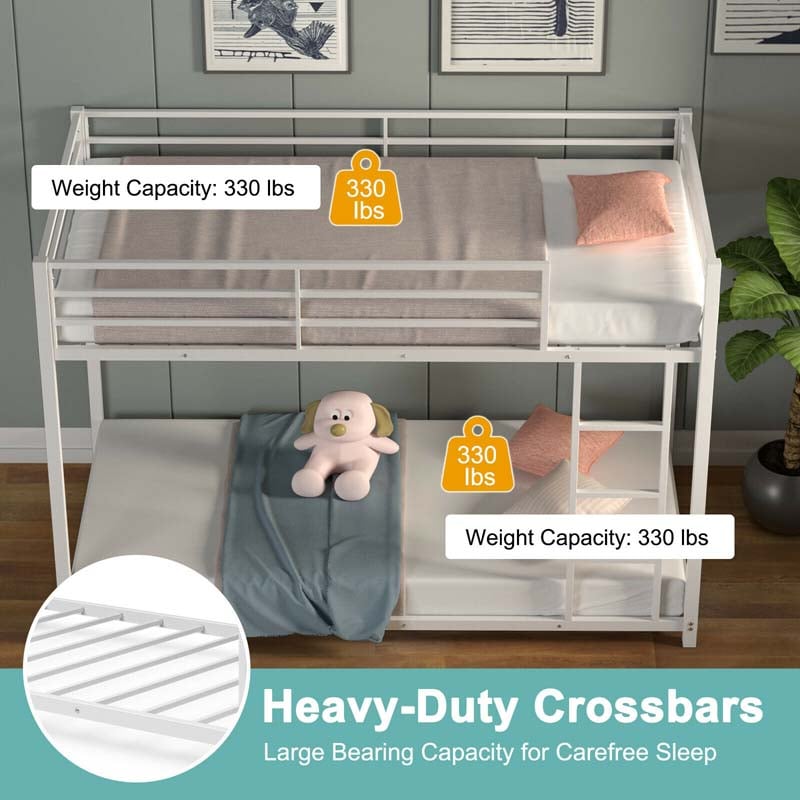 Metal Bunk Bed Twin Over Twin, Low Profile Bunk Bed Frame Platform with Ladder & Full Length Guardrail for Kids Teens, No Box Spring Needed