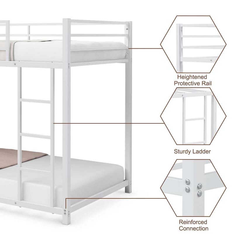 Metal Bunk Bed Twin Over Twin, Low Profile Bunk Bed Frame Platform with Ladder & Full Length Guardrail for Kids Teens, No Box Spring Needed
