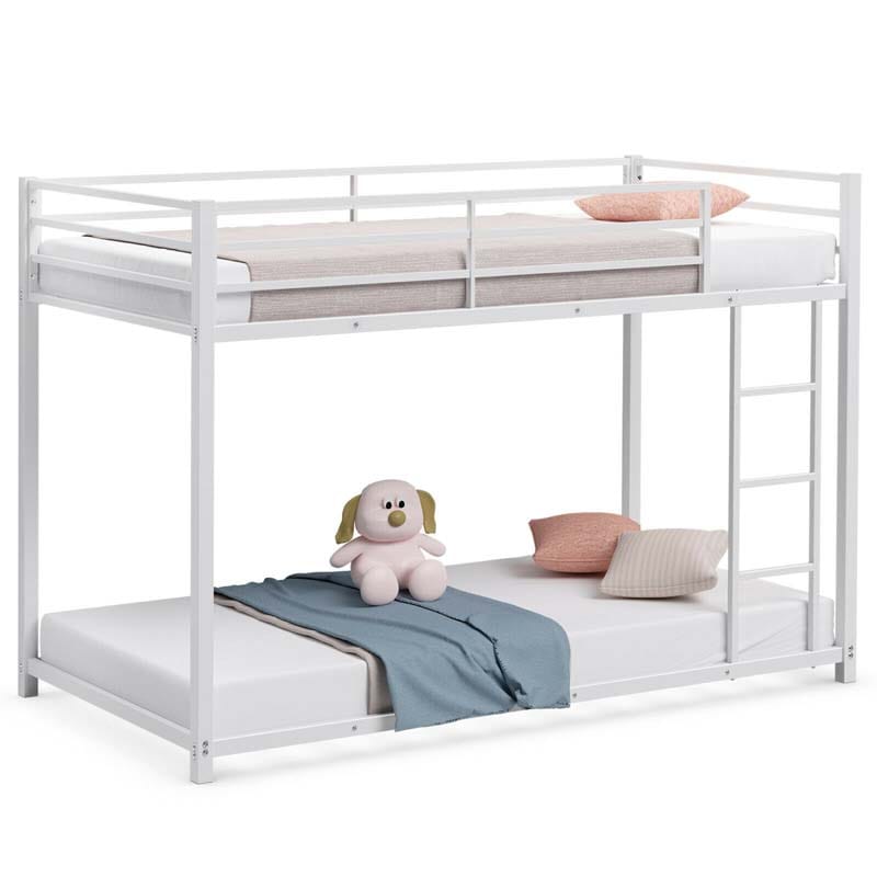 Metal Bunk Bed Twin Over Twin, Low Profile Bunk Bed Frame Platform with Ladder & Full Length Guardrail for Kids Teens, No Box Spring Needed