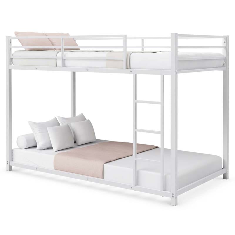 Metal Bunk Bed Twin Over Twin, Low Profile Bunk Bed Frame Platform with Ladder & Full Length Guardrail for Kids Teens, No Box Spring Needed