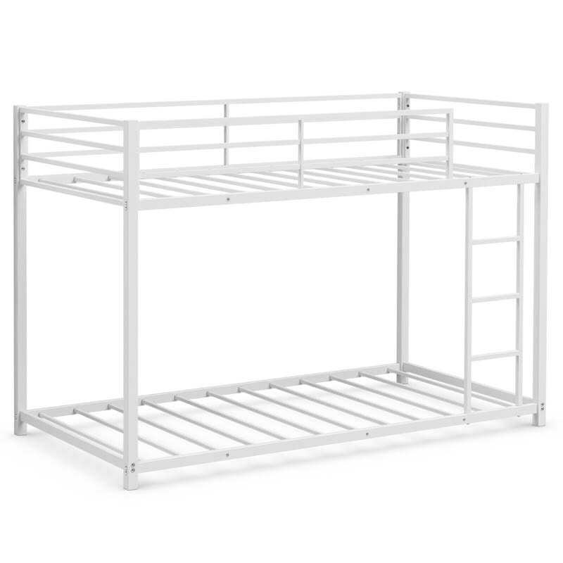 Metal Bunk Bed Twin Over Twin, Low Profile Bunk Bed Frame Platform with Ladder & Full Length Guardrail for Kids Teens, No Box Spring Needed