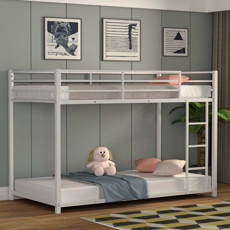 Metal Bunk Bed Twin Over Twin, Low Profile Bunk Bed Frame Platform with Ladder & Full Length Guardrail for Kids Teens, No Box Spring Needed